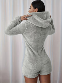 Furry Half Zip Long Sleeve Hooded Bodysuit.