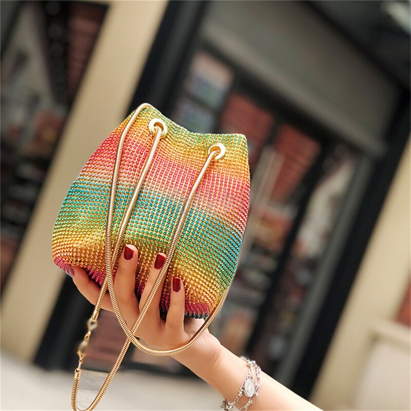 Crystal Bucket Bag for Women Multicolor Rhinestone Beaded Handbag Luxury.