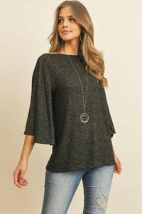 Boat Neck Bell Sleeve Solid Hacci Brushed Top.