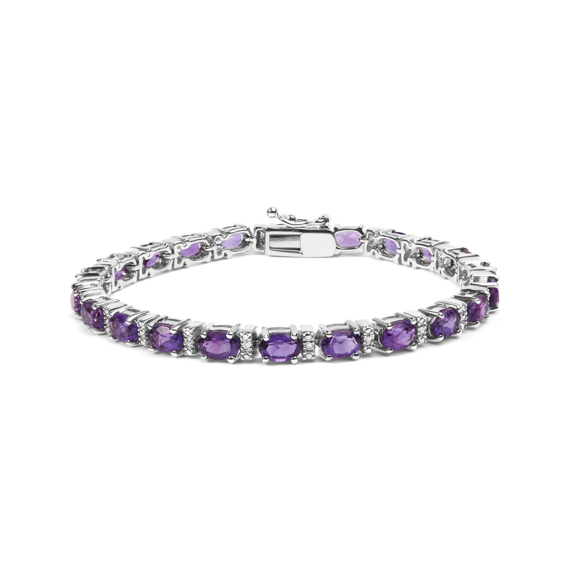 .925 Sterling Silver 9 1/2 Cttw Alternating Oval Amethyst and White Diamond Accent Link Tennis Bracelet (I-J Color, I3 C