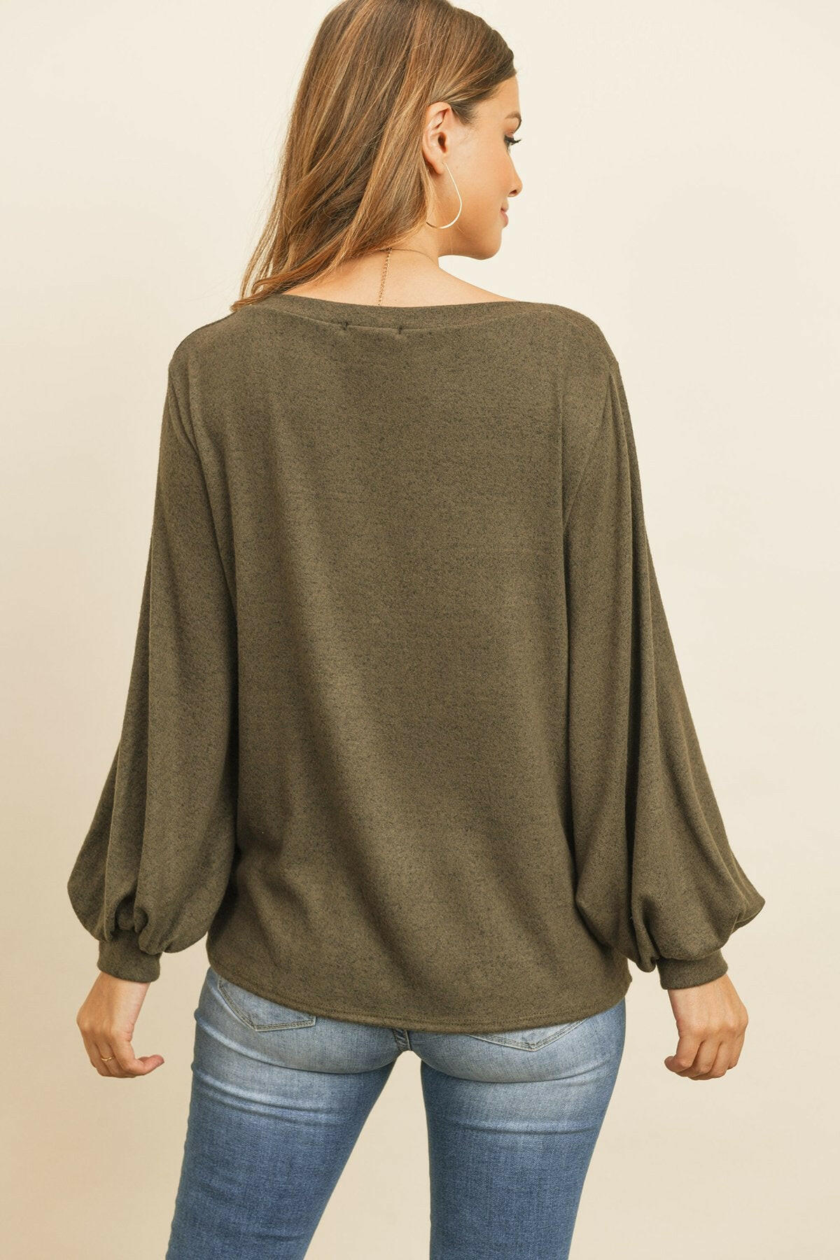 Puff Sleeved Boat Neck Two Toned Brushed Hacci Top.