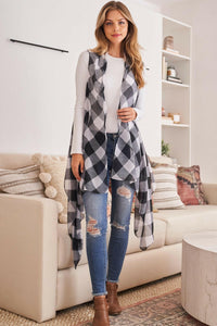 Hdf2567 - Plaid Knee Length Kimono Cardigan.