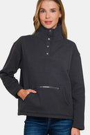 Zenana Turtleneck Half Snap Fleece Sweatshirt.