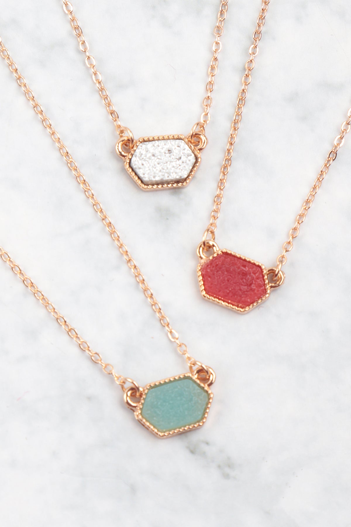 Druzy Hexagon  Necklaces With Stud Earrings