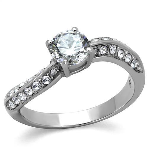 High Polished (No Plating) Stainless Steel Ring With AAA Grade CZ in Clear