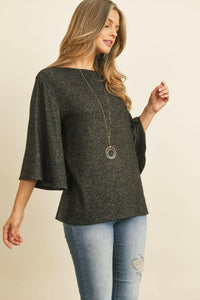 Boat Neck Bell Sleeve Solid Hacci Brushed Top.