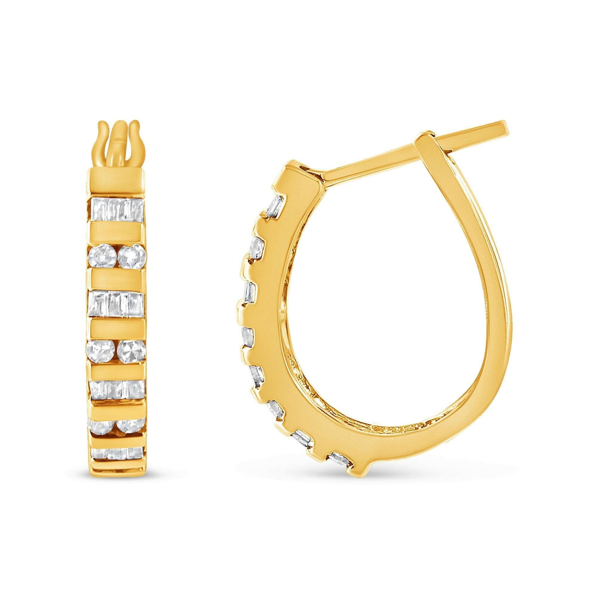 10K Gold Round and Baguette-Cut Diamond Hoop Earrings (I-J Color, I2-I3 Clarity).