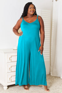 Double Take Full Size Soft Rayon Spaghetti Strap Tied Wide Leg Jumpsuit.