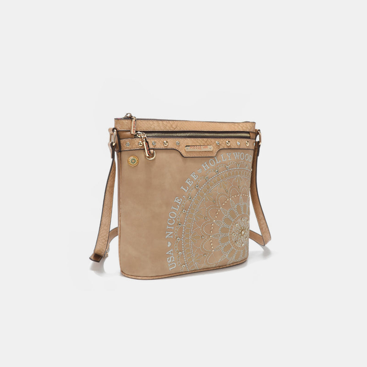 Nicole Lee USA Metallic Stitching Embroidery Inlaid Rhinestone Crossbody Bag.