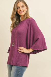 Boat Neck Bell Sleeve Solid Hacci Brushed Top.