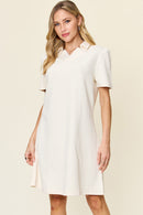 Double Take Full Size Texture Collared Neck Short Sleeve Dress.