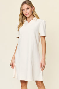 Double Take Full Size Texture Collared Neck Short Sleeve Dress.