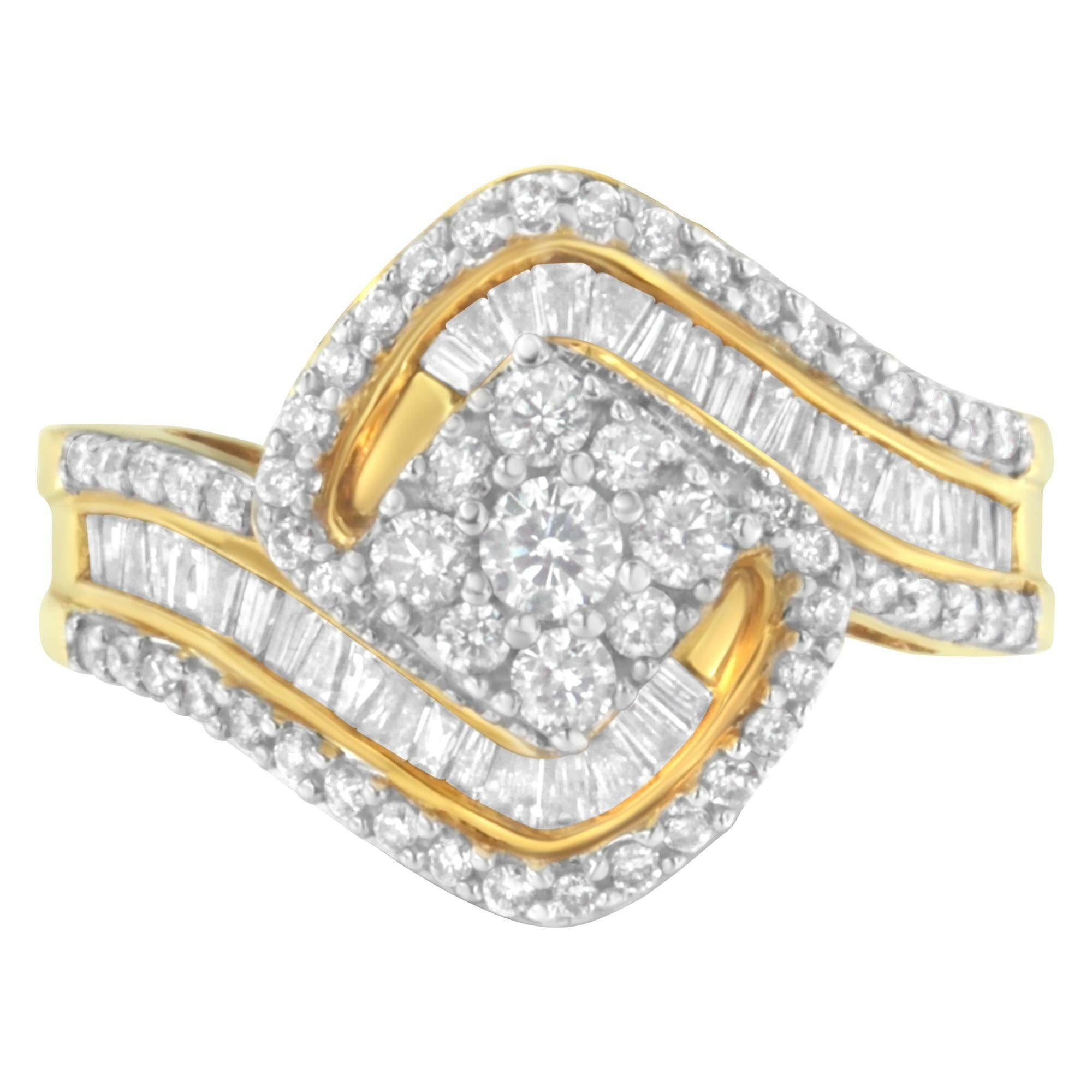 14K Yellow Gold 1.0 Cttw Baguette & Brilliant-Cut Diamond Round Floral Cluster Engagement or Fashion Ring With Swirl Wra