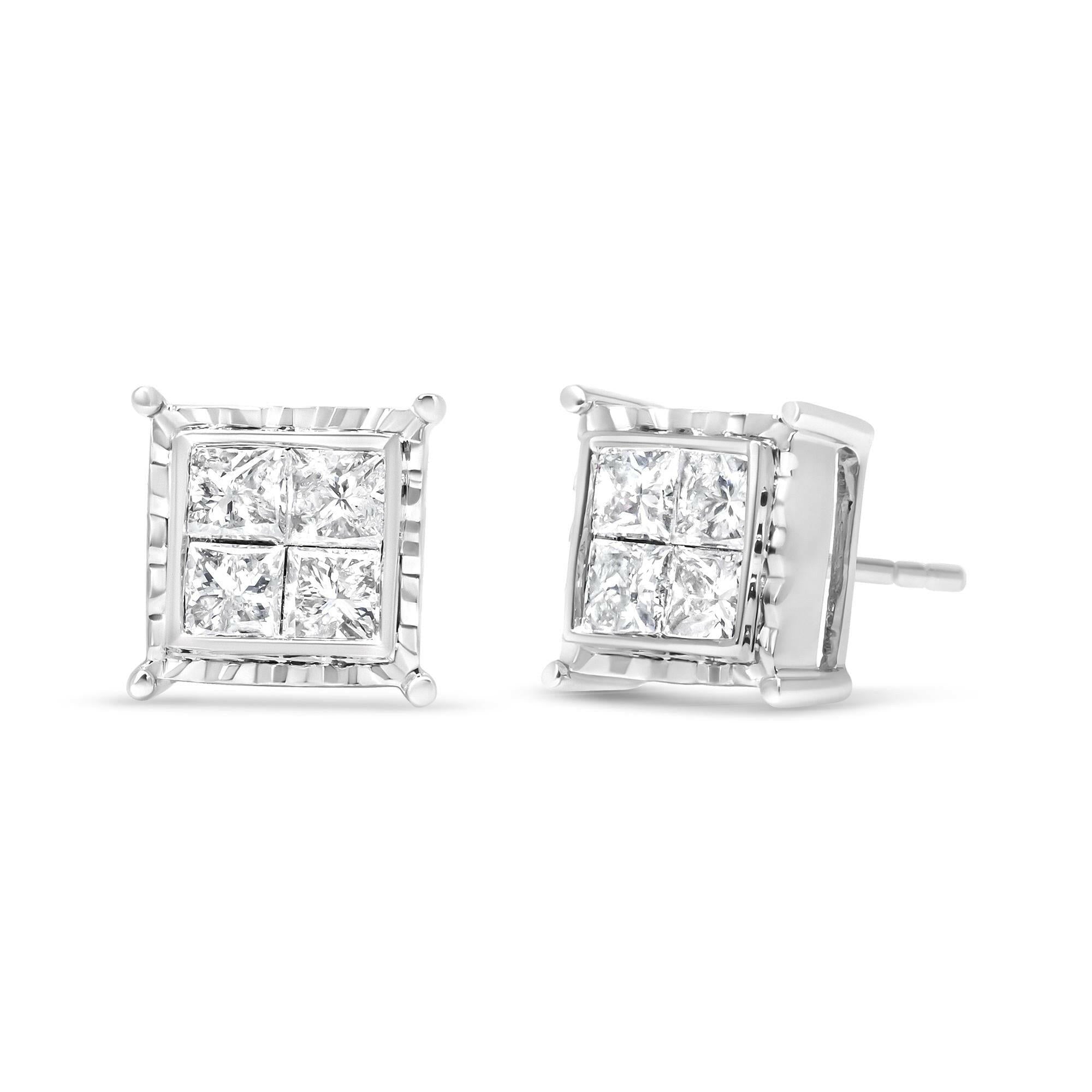 14K White Gold 1 1/2 Cttw Invisible Set Princess-Cut Diamond Contemporary Wavy Quad Stud Earrings (I-J Color, I1-I2 Clar