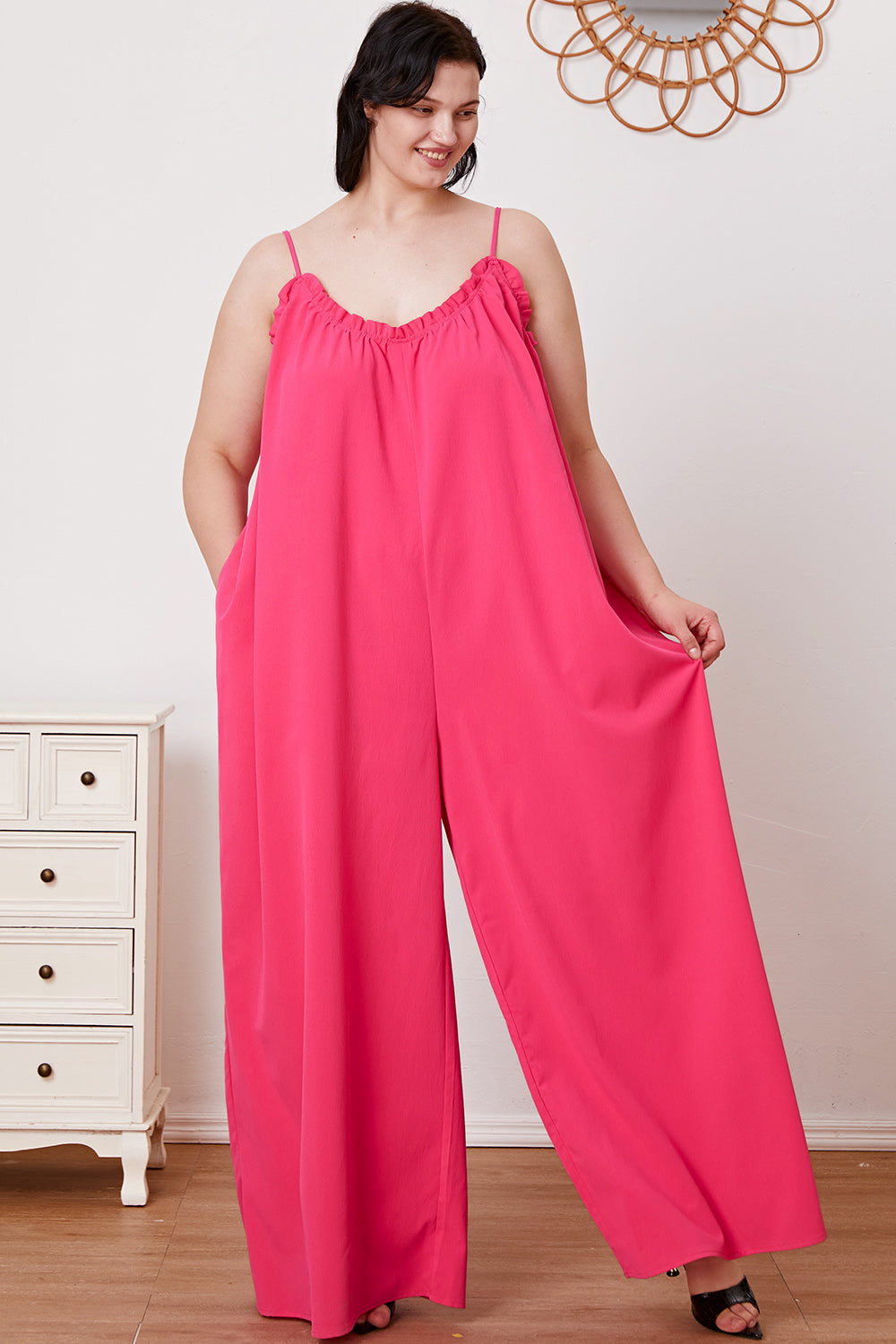 Double Take Full Size Ruffle Trim Tie Back Cami Jumpsuit with Pockets.