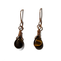 Handmade Copper Tear Drop Tigers Eye Dangle Earrings.