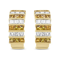 18K Yellow Gold 1 3/4 Cttw Invisible Set Princess Cut Diamond and 2.5mm Yellow Sapphire Huggie Hoop Earrings (F-G Color,.