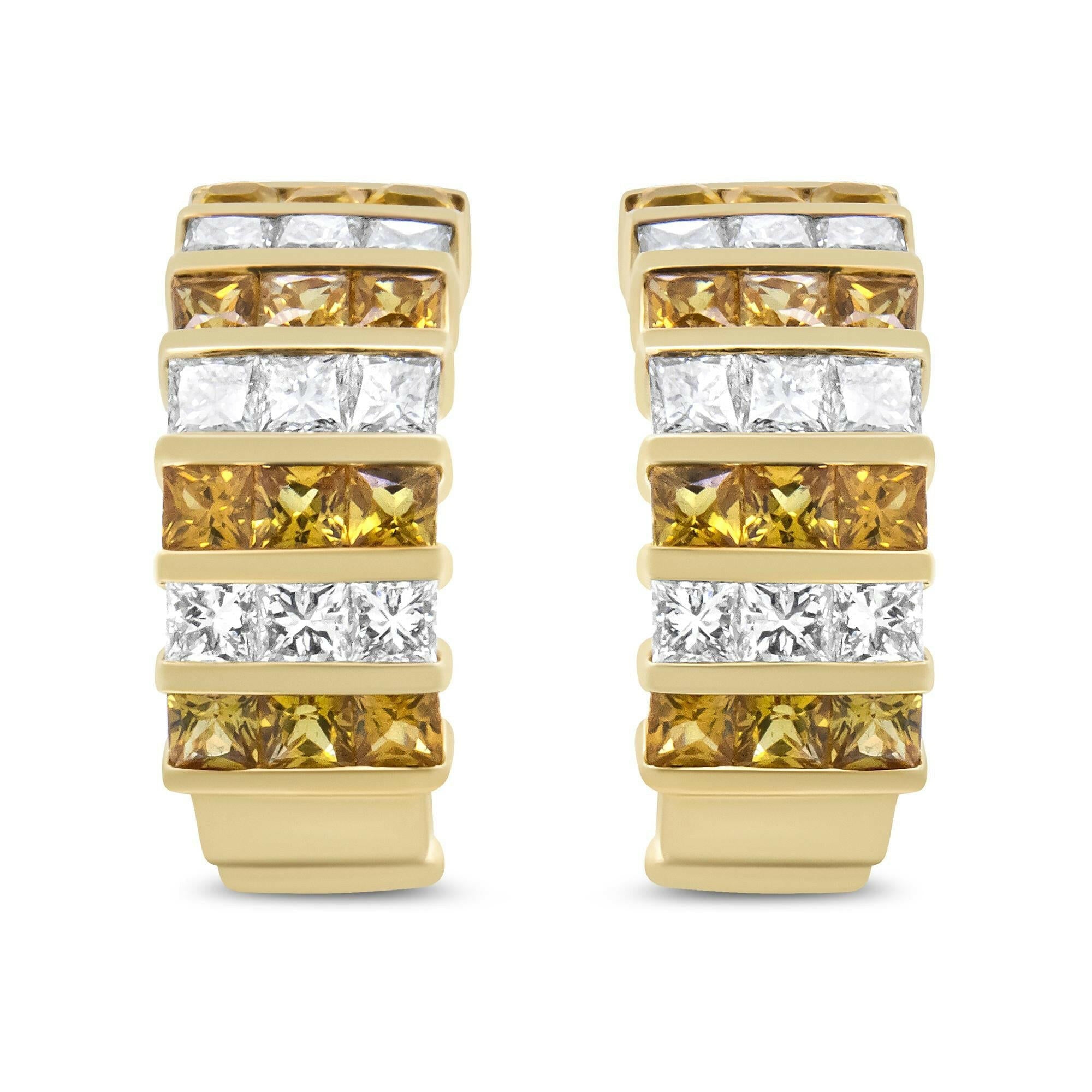 18K Yellow Gold 1 3/4 Cttw Invisible Set Princess Cut Diamond and 2.5mm Yellow Sapphire Huggie Hoop Earrings (F-G Color,