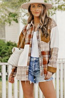 Sutton Plaid Color Block Patchwork Shirt Jacket With Pocket.