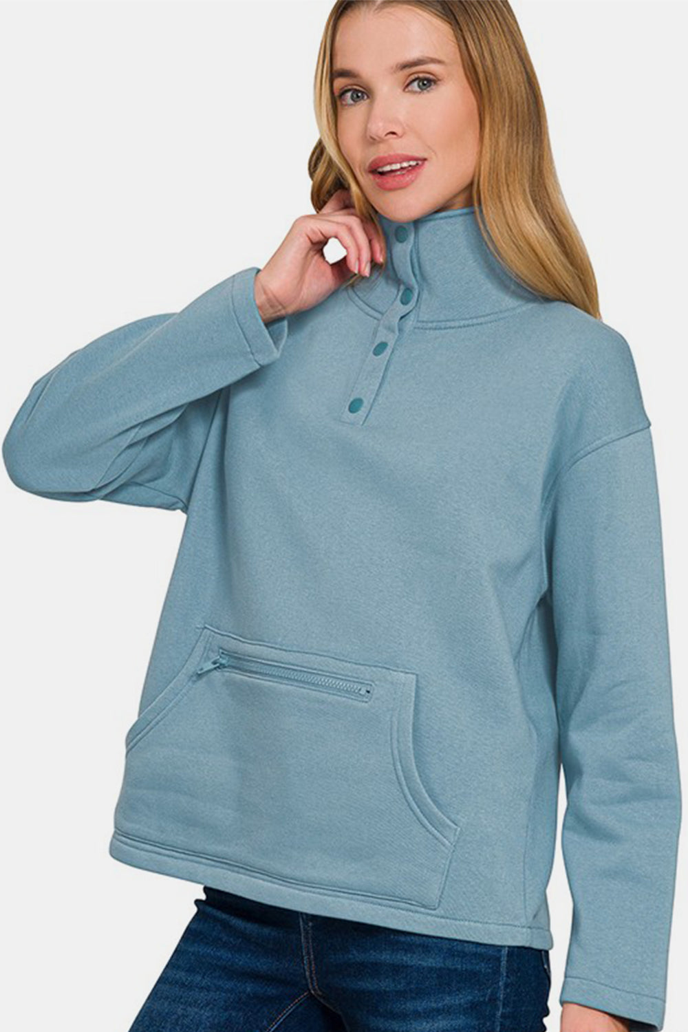 Zenana Turtleneck Half Snap Fleece Sweatshirt.