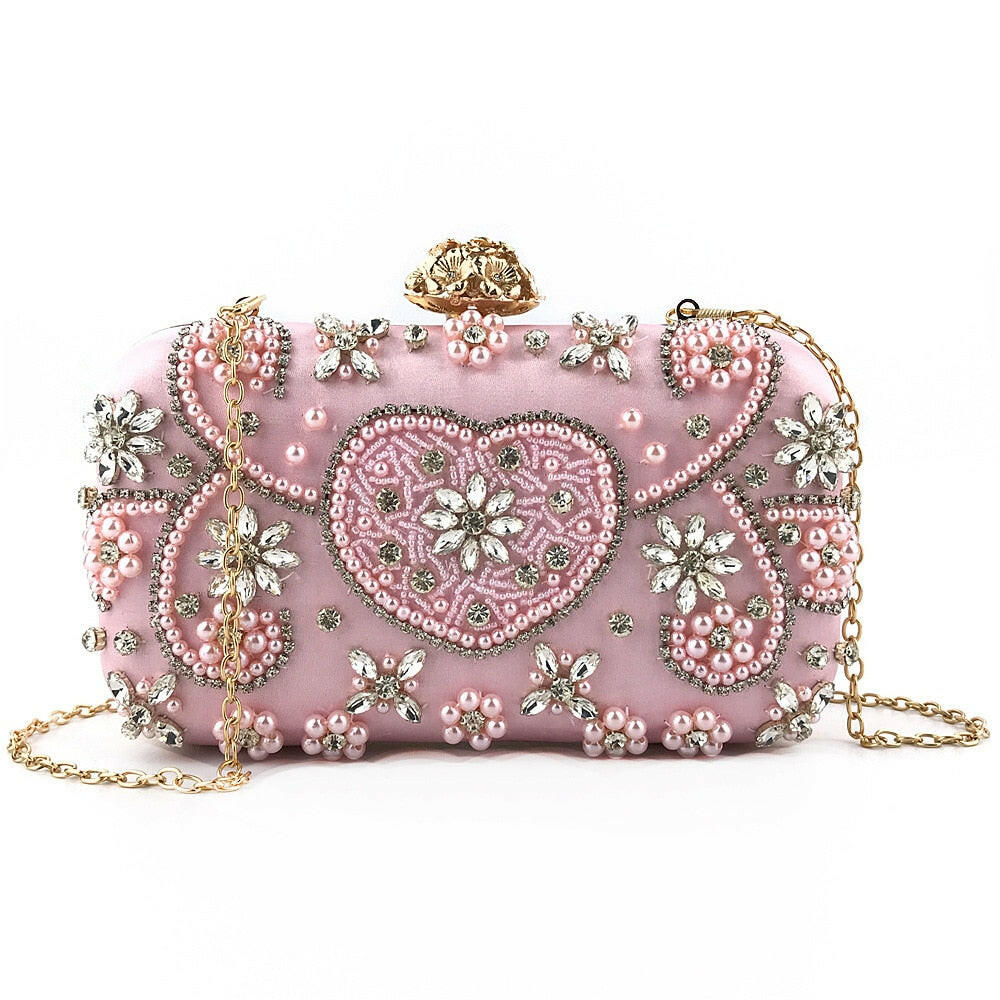 Satin Vintage Women Evening Bags Metal Flower Luxury Diamonds Clutch.