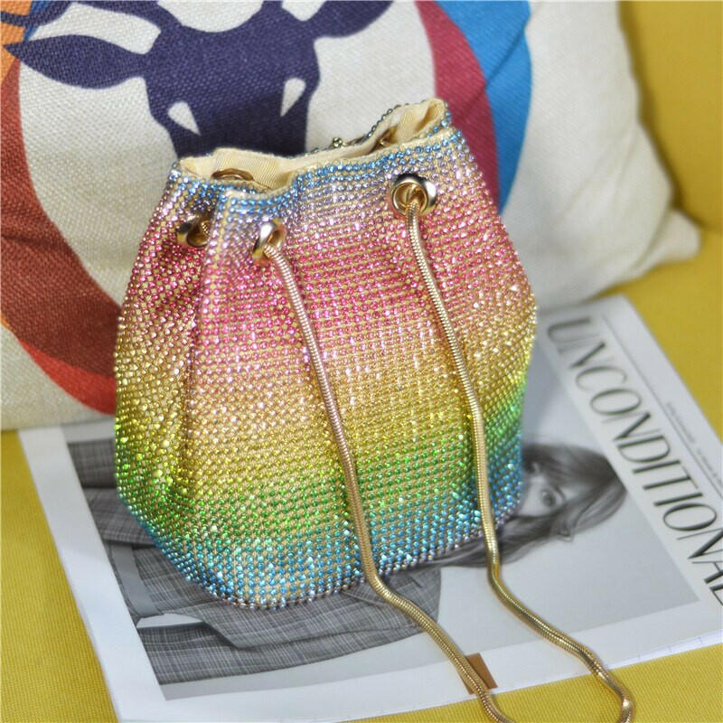 Crystal Bucket Bag for Women Multicolor Rhinestone Beaded Handbag Luxury