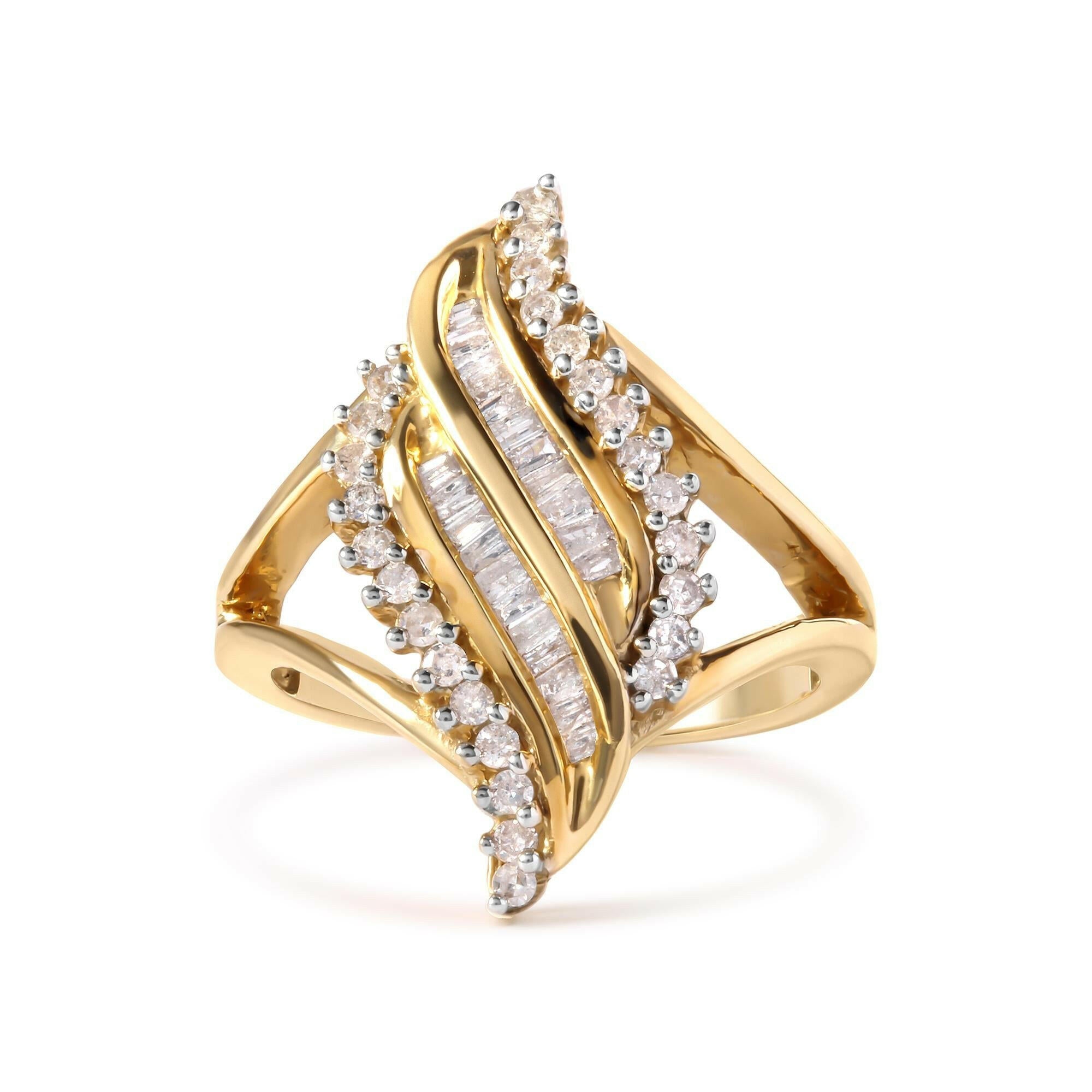 10K Yellow Gold 1/2 Cttw Round and Baguette Cut Diamond Cocktail Ring (H-I Color, I1-I2 Clarity).