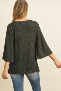 Boat Neck Bell Sleeve Solid Hacci Brushed Top.