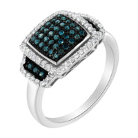 Black Rhodium Plated .925 Sterling Silver 1/2 Cttw White & Blue Diamond Square Halo Cocktail Ring (Fancy Blue & H-I Colo.