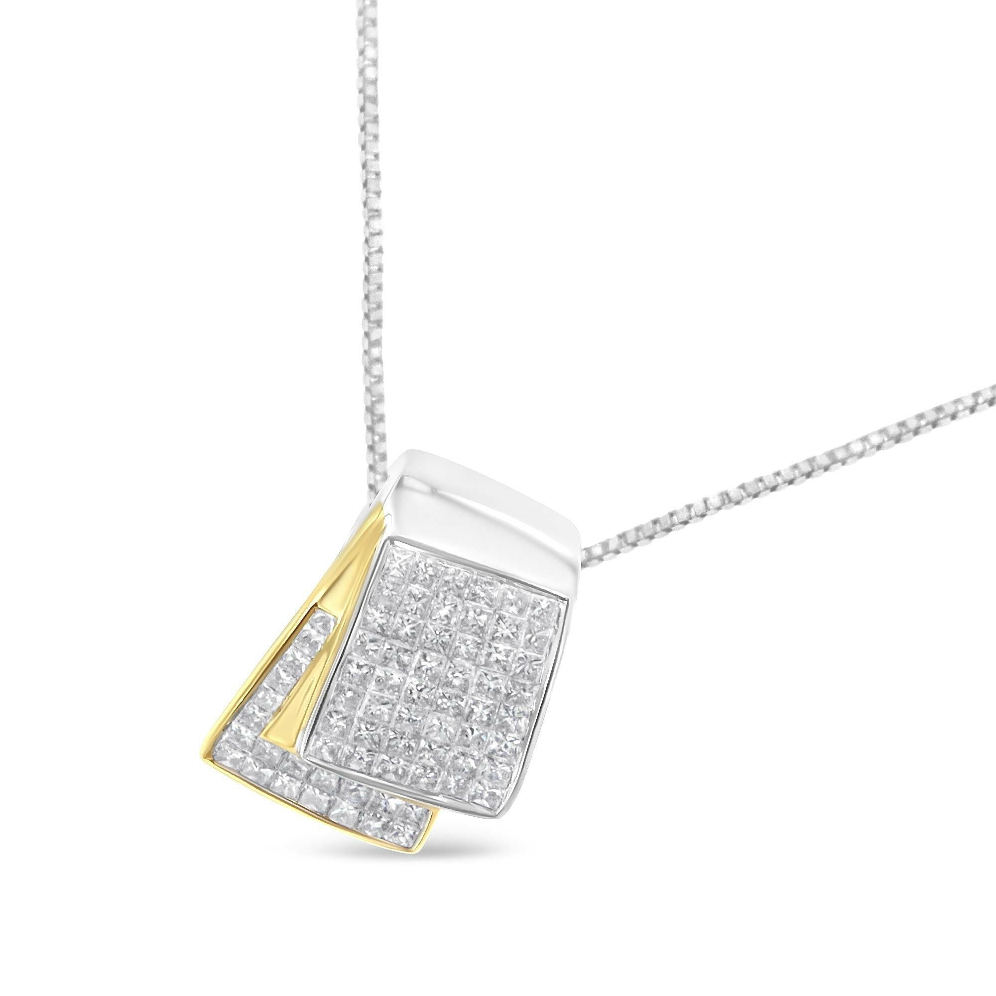 14K White and Yellow Gold 2.0 Cttw Princess Cut Diamond Two Tone Foldover Box Pendant 18” Box Chain Necklace (H-I Color,.