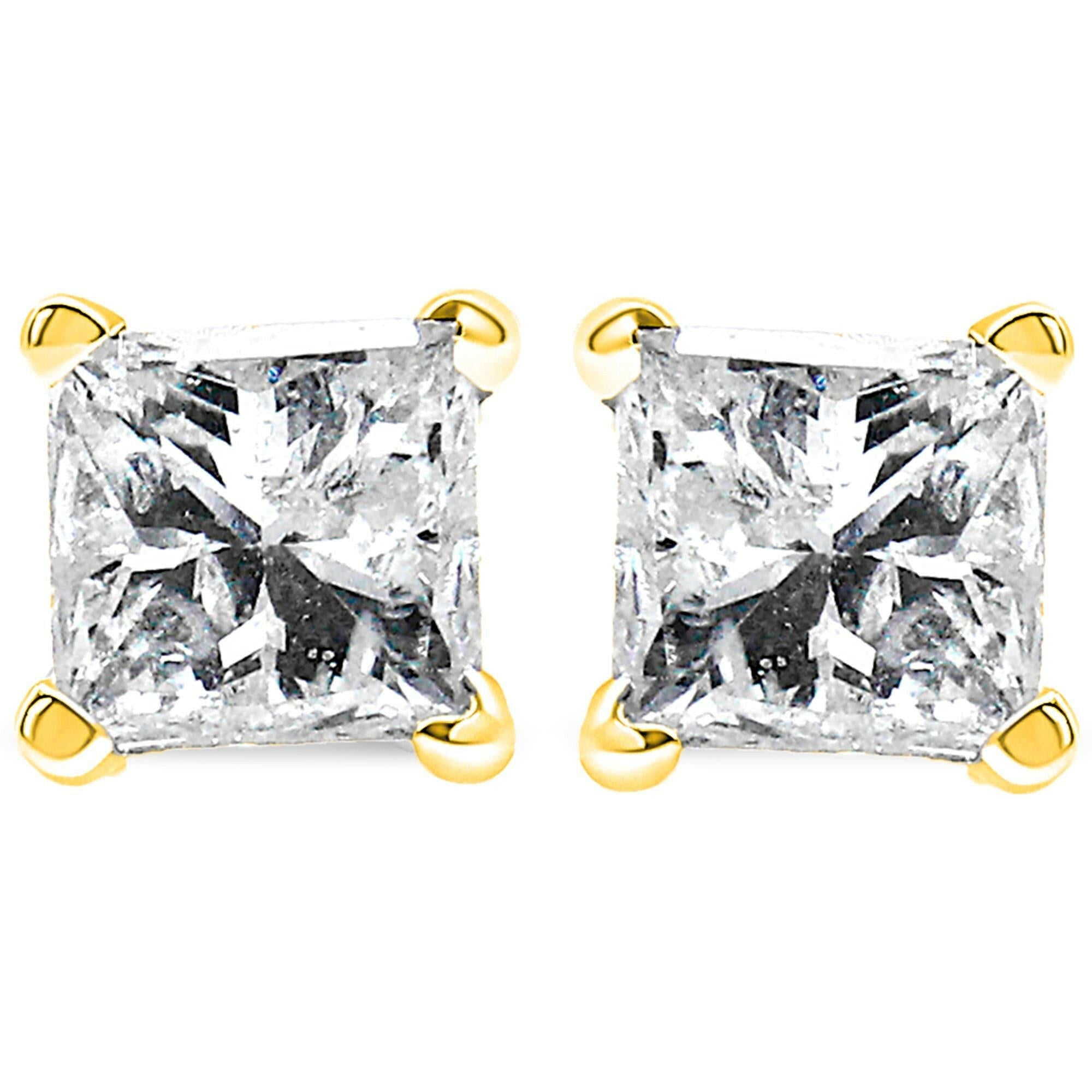 AGS Certified Princess-Cut Square Diamond 4-Prong Solitaire Stud Earrings in 14K Gold (H-I Color, I1-I2 Clarity).