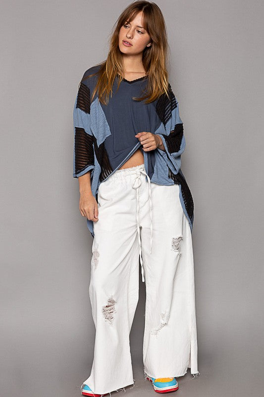 POL High-Low Contrast V-Neck Top.