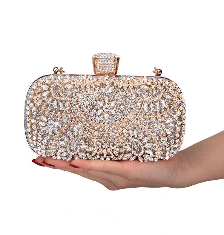 Diamond Evening Clutch Bag Wedding Golden Clutch Purse Chain Shoulder Handbag.