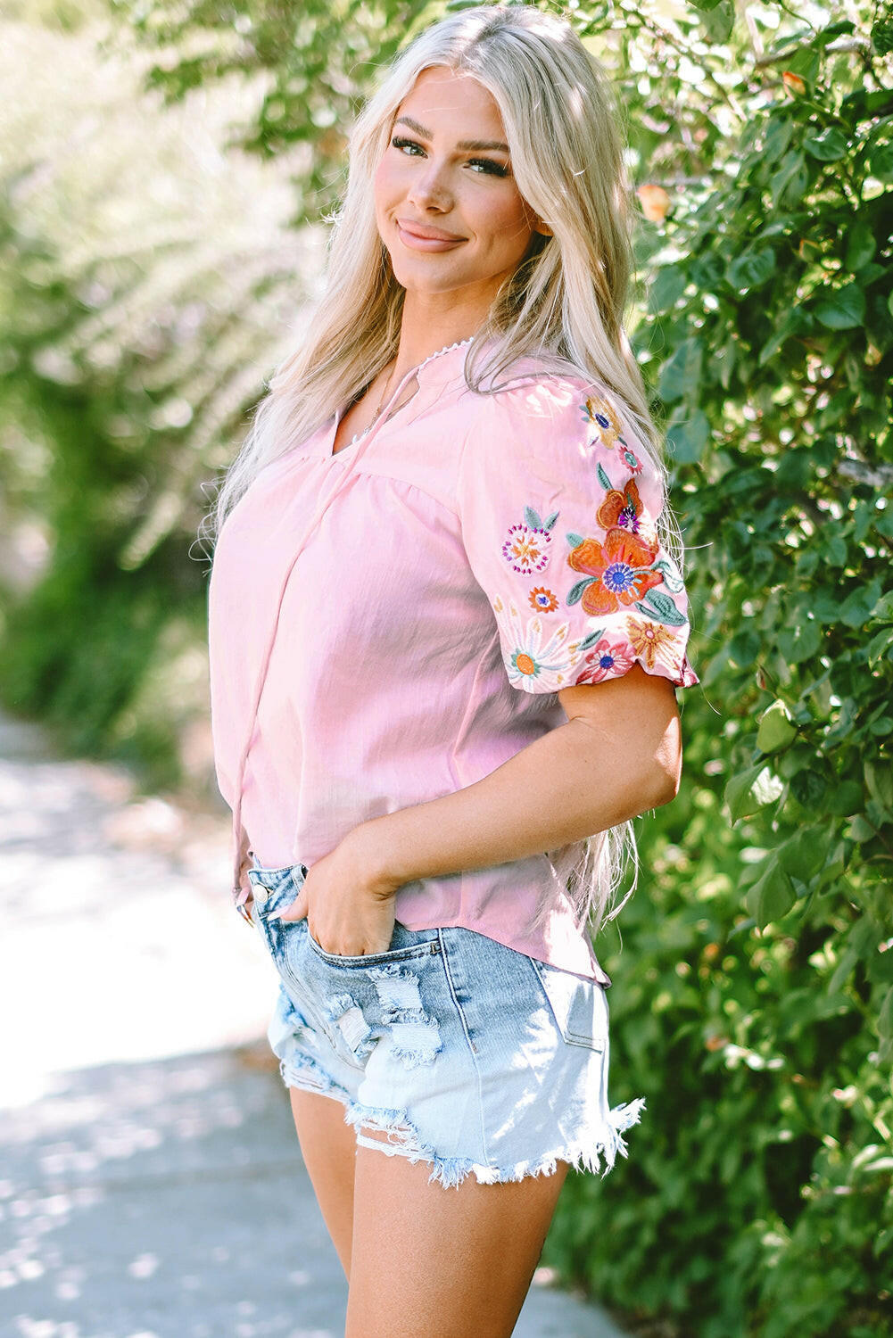 Araceli Floral Embroidered Puff Sleeve Split Neck Blouse.