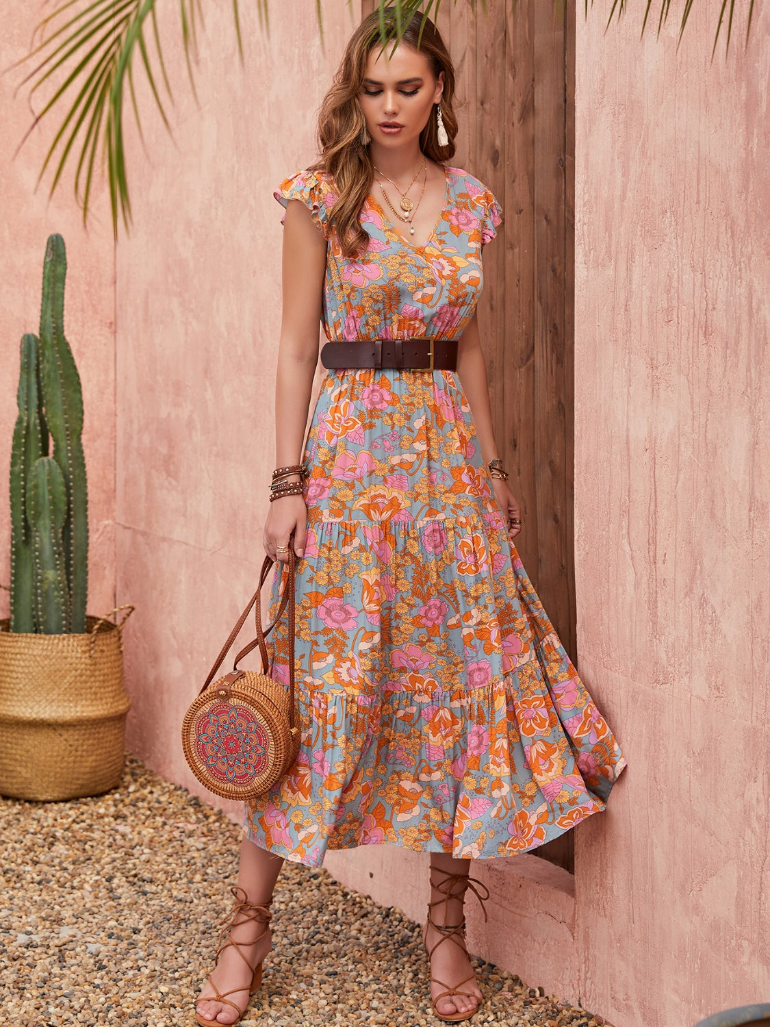 Ruffled Printed V-Neck Cap Sleeve Tiered Dress