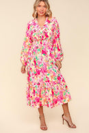 Haptics Full Size Floral Surplice Balloon Sleeve Dress with Side Pockets.