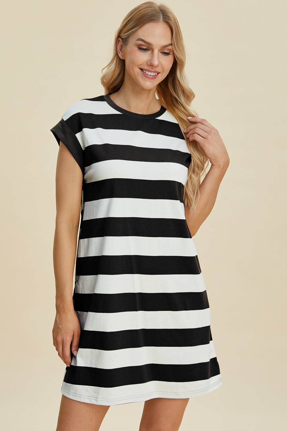 Basic Bae Full Size Striped Round Neck Cap Sleeve Mini Dress.