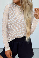 Checkered Mock Neck Long Sleeve Blouse.