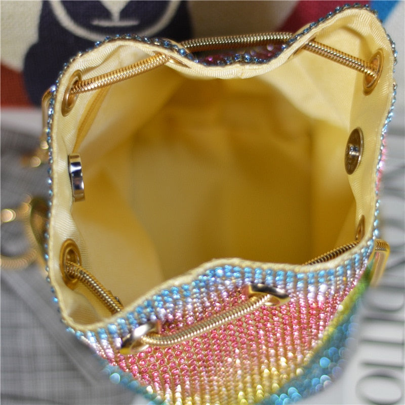 Crystal Bucket Bag for Women Multicolor Rhinestone Beaded Handbag Luxury.