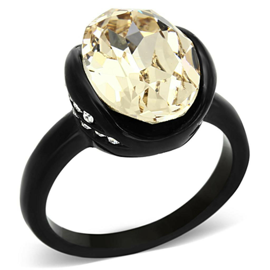 TK1298 IP Black(Ion Plating) Stainless Steel Ring With Top Grade Crystal in Light Smoked