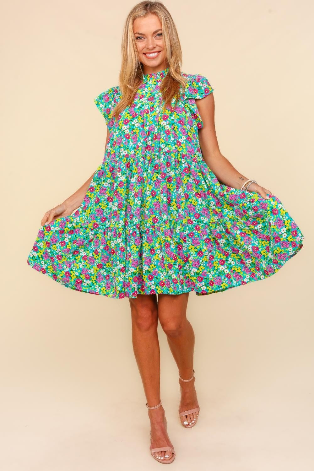 Haptics Frilled Mock Neck Ditsy Floral Dress.