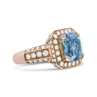 18K Rose Gold 10x10mm Cushion Shaped Aquamarine and 1 1/8 Cttw Round Diamond Halo Ring (F-G Color, VS1-VS2 Clarity).