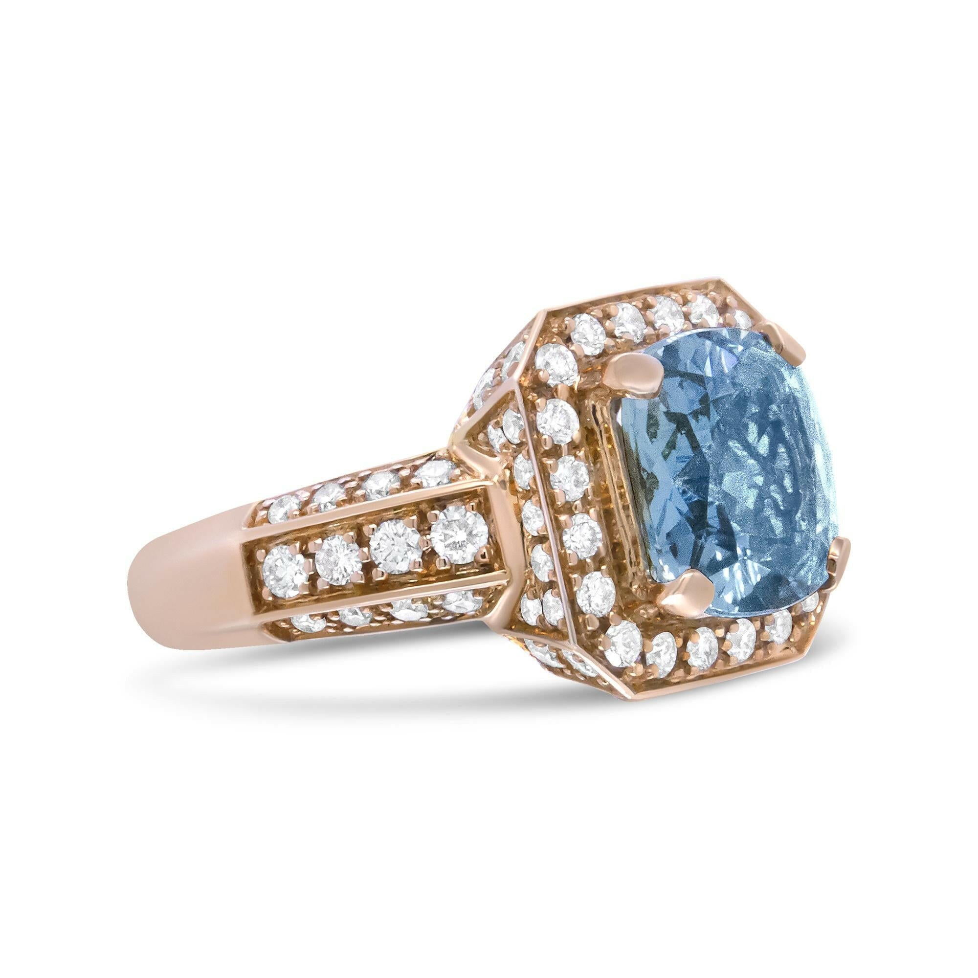 18K Rose Gold 10x10mm Cushion Shaped Aquamarine and 1 1/8 Cttw Round Diamond Halo Ring (F-G Color, VS1-VS2 Clarity).