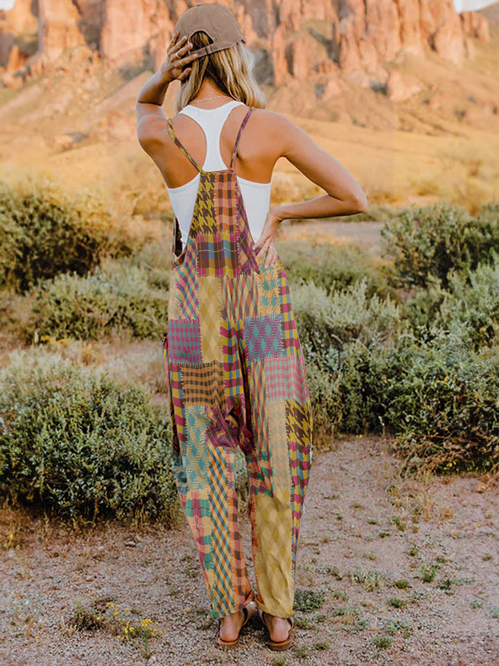 Double Take Full Size Printed V-Neck Sleeveless Jumpsuit.