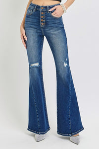 RISEN Distressed Button-Fly Flare Jeans.