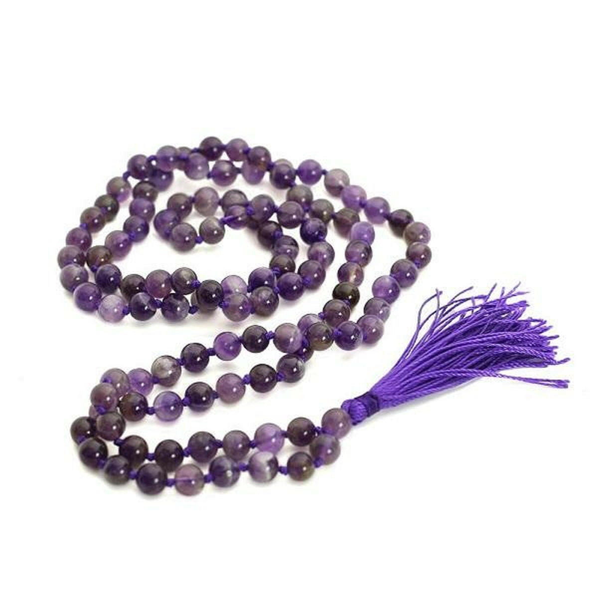 Natural Amethyst Mala Prayer 108 Beads Japa Mala Tassel Necklace