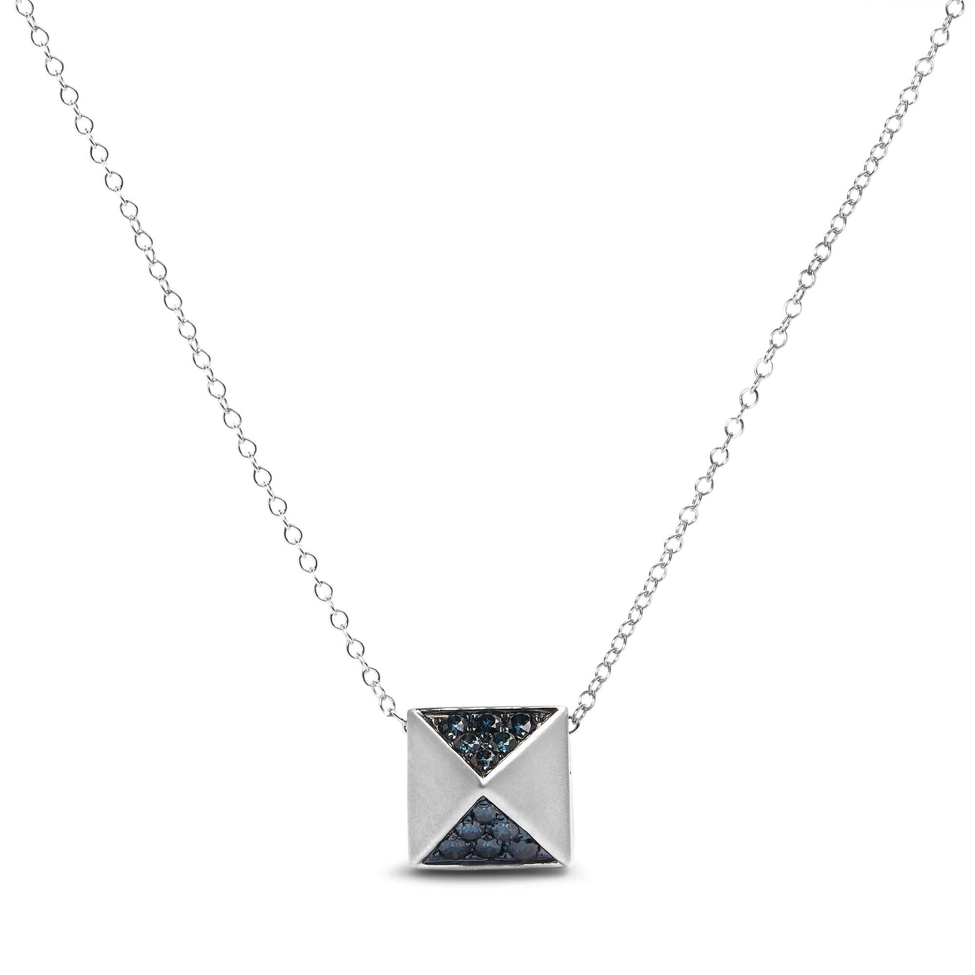 14K White Gold 1/4 Cttw Treated Blue Diamond Matte Finished Pyramid Pendant Necklace (Blue Color, SI1-SI2 Clarity) - 18"