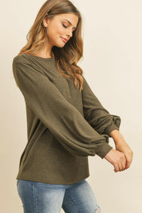 Puff Sleeved Boat Neck Two Toned Brushed Hacci Top.