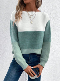 Color Block Drop Shoulder Long Sleeve Sweater.