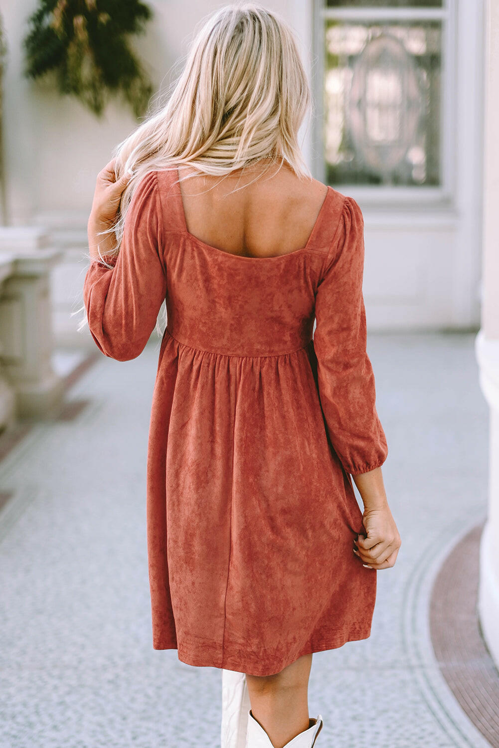 Kaylee Suede Square Neck Puff Sleeve Dress.